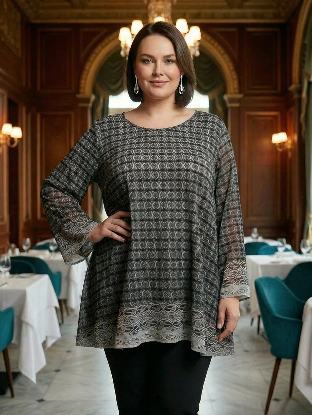 Women's Black Patterned Long-Sleeve Tunic Top Office‎ Event